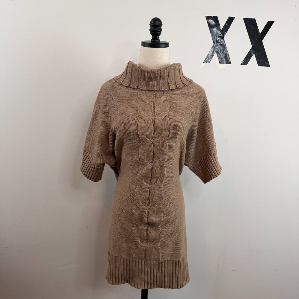 Y2K Taupe Cable Knit Chunky Ribbed Cowl Neck Dolman Sleeve Sweater Mini Dress L